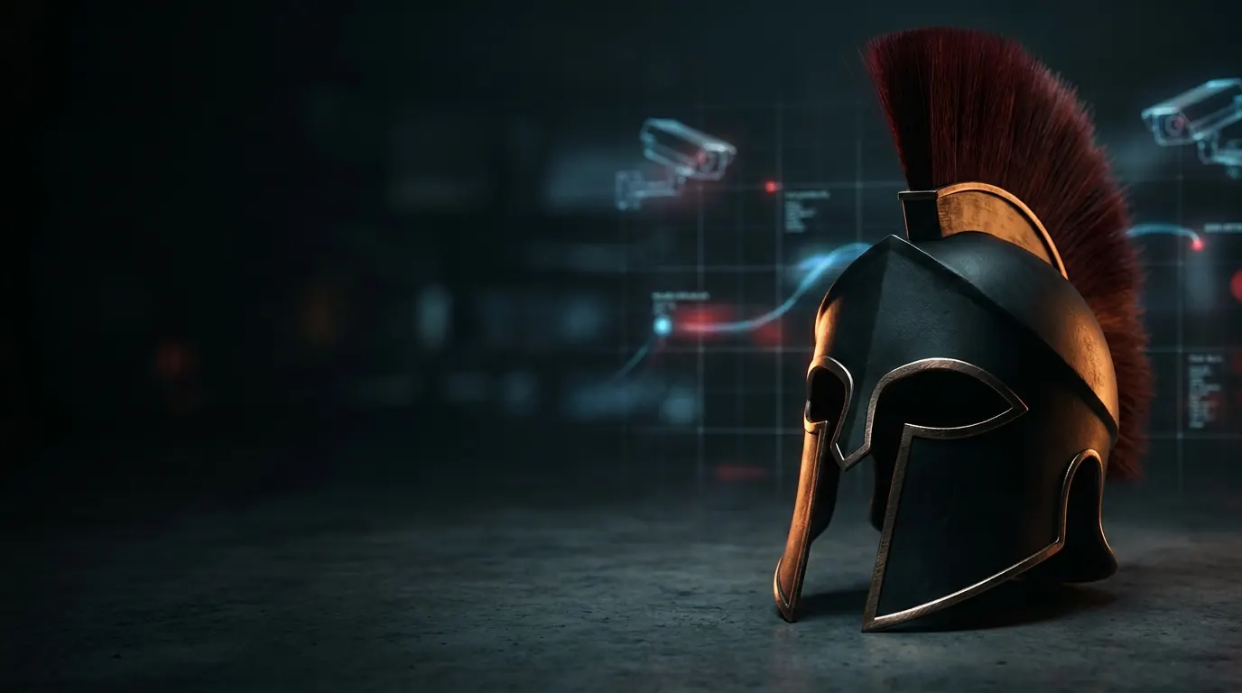 Spartan helmet beside modern surveillance cameras on a data grid.